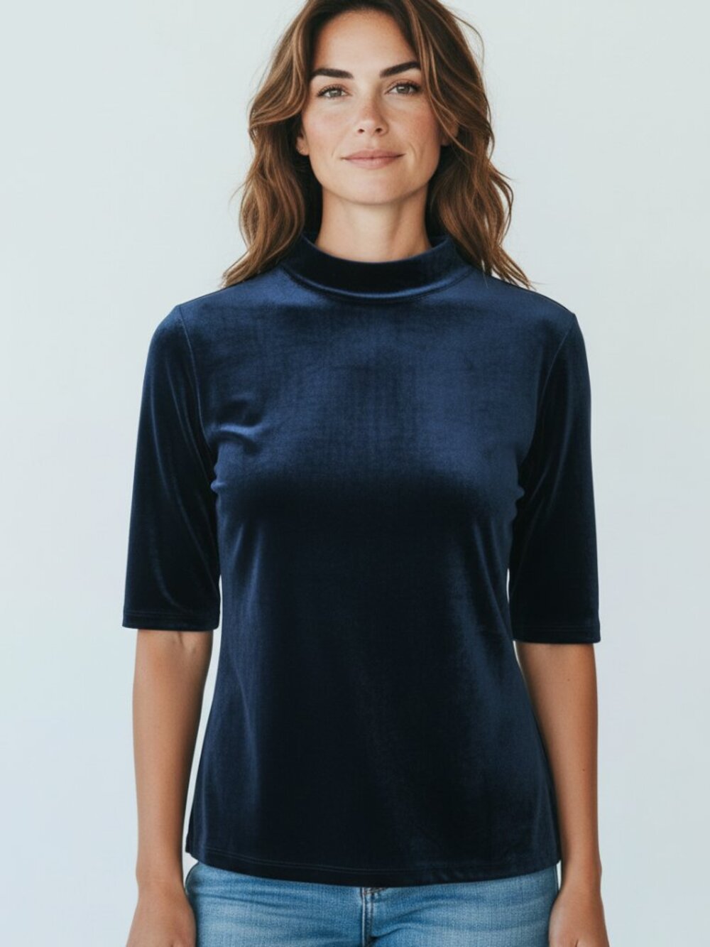 Banana Republic Blue Stretch Velvet Mock Turtleneck Top Short Sleeve Large